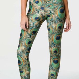 Onzie Peacock Feather Print Yoga Leggings in Teal, Green & Gold